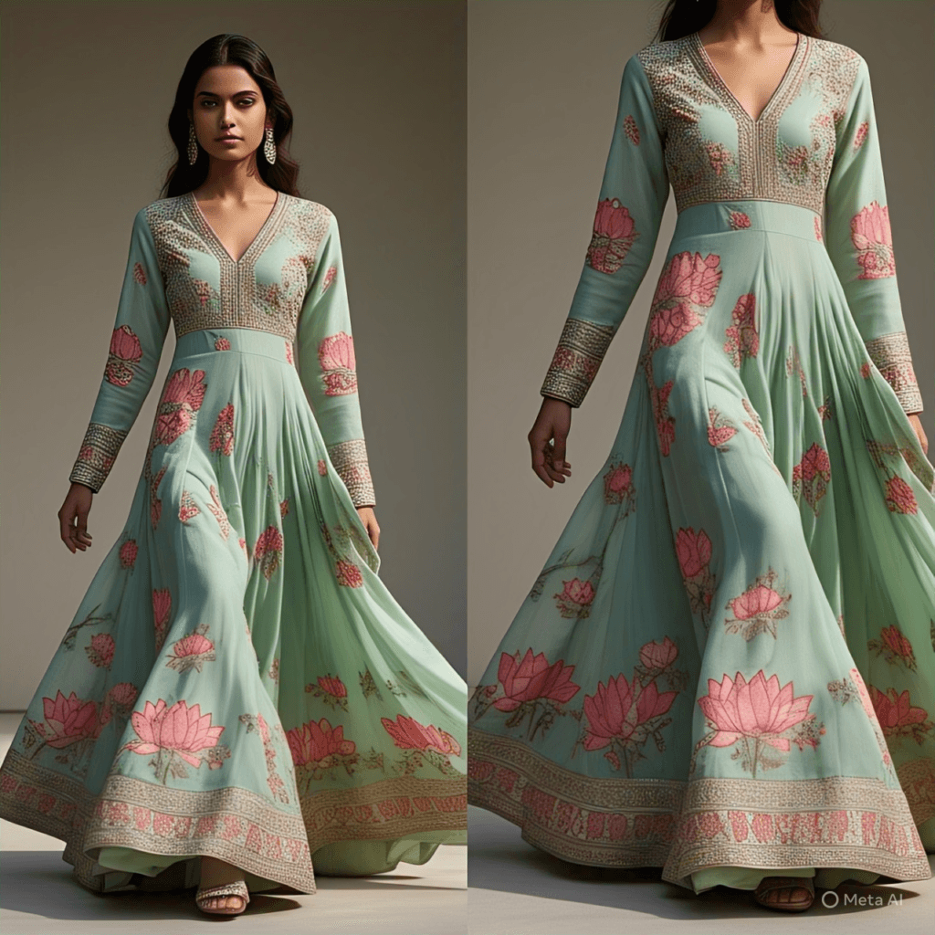 A model elegantly wearing a handloom dress with a flowing silhouette. The dress is light green with delicate pink floral patterns, showcasing intricate embroidery on the neckline, sleeves, and hem. The design blends tradition with modern aesthetics, highlighting the richness and craftsmanship of handloom dresses.