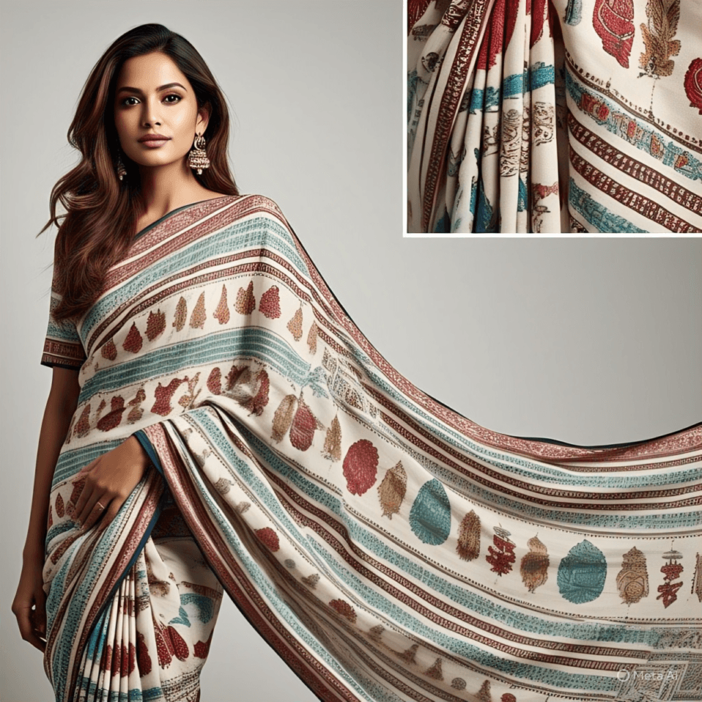 A woman in a flowing white sari with red and blue stripes and patterns, with a close-up of the fabric in the upper right corner.