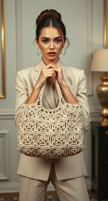 The image depicts a woman holding a large, beige tote bag made of crocheted material. She is dressed in a matching beige suit and stands against a white wall with gold accents.