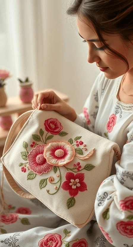 The image depicts a woman holding a white purse adorned with embroidered flowers. She is dressed in a matching floral outfit and appears to be indoors, surrounded by other items featuring similar floral patterns. The scene suggests a focus on fashion or craftsmanship related to embroidery.