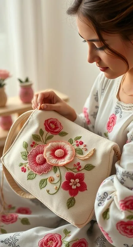 The image depicts a woman holding a white purse adorned with embroidered flowers. She is dressed in a matching floral outfit and appears to be indoors, surrounded by other items featuring similar floral patterns. The scene suggests a focus on fashion or craftsmanship related to embroidery.