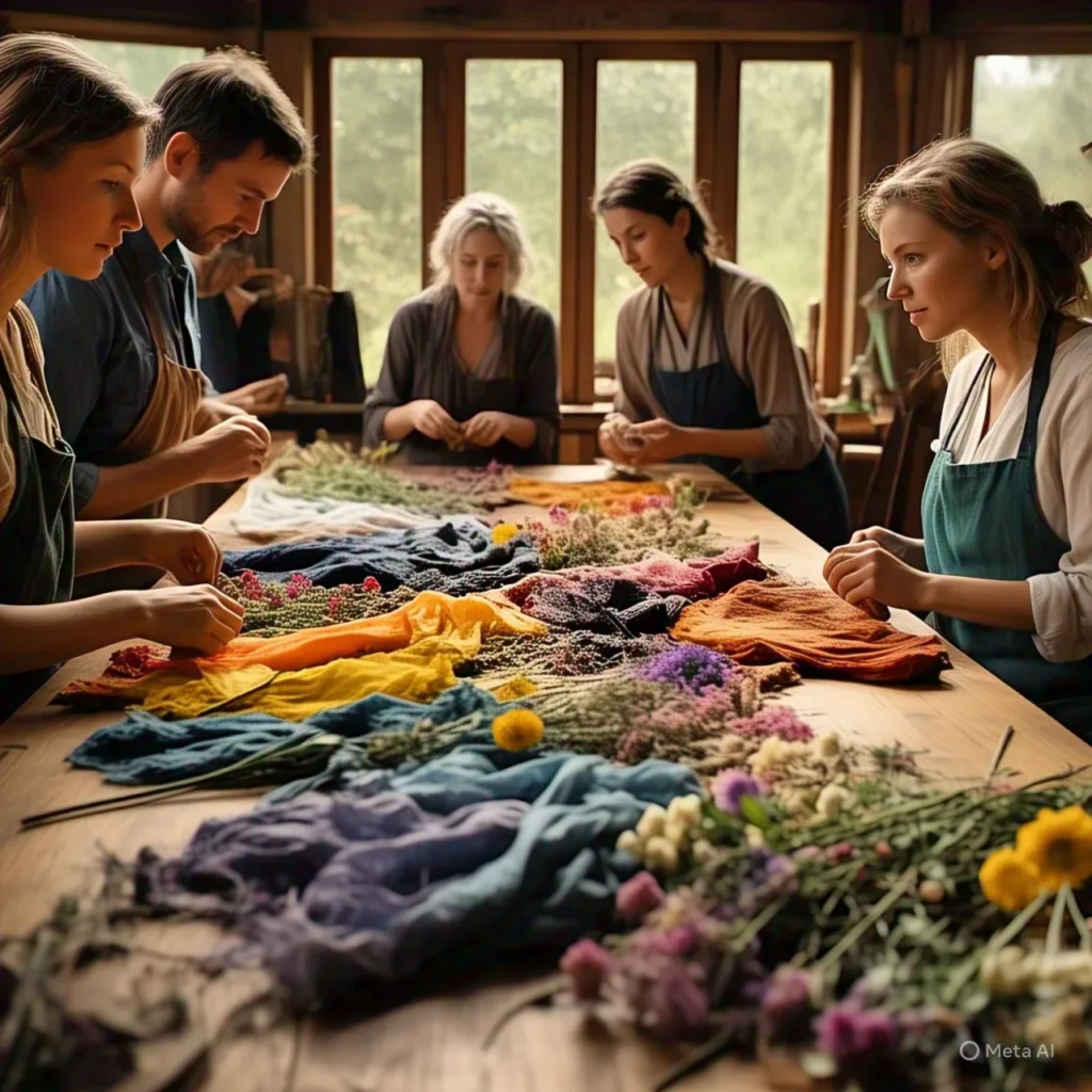 A group of people are gathered around a table, engaged in the process of natural dyeing for fabrics using flowers. The table is covered with various colorful fabrics and an assortment of flowers, indicating the creative and artisanal nature of their work. The setting appears to be a workshop or studio with large windows that allow natural light to illuminate the space, suggesting a focus on sustainability and eco-friendly practices. Alt text: Group of people working together on natural dyeing project with flowers and fabrics.