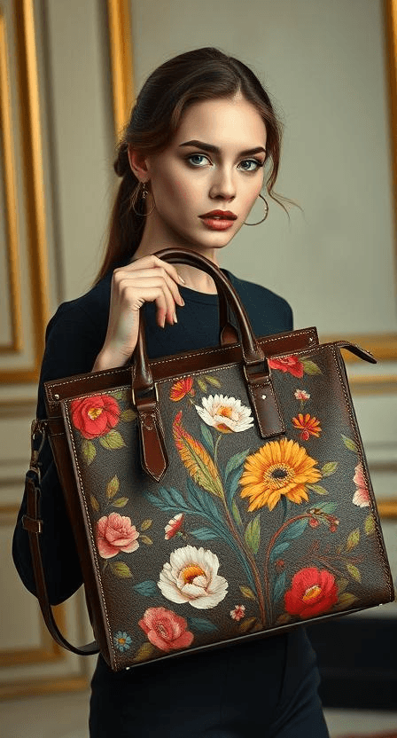 A woman with long brown hair and green eyes holds a large brown leather handbag adorned with colorful flowers. She wears a black top and stands in front of a beige wall with gold trim.
