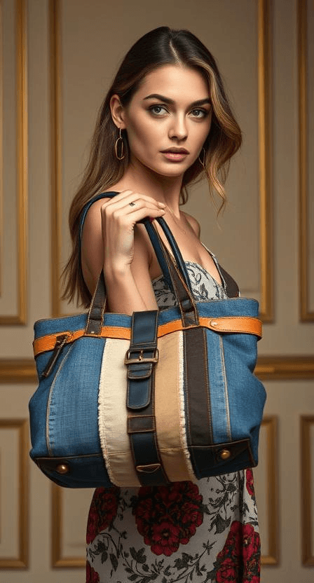 A woman with long brown hair and a floral dress holds a large handbag made from upcycled fabric strips, including denim, leather, cotton, and printed linen. The background features a beige wall with gold trim.