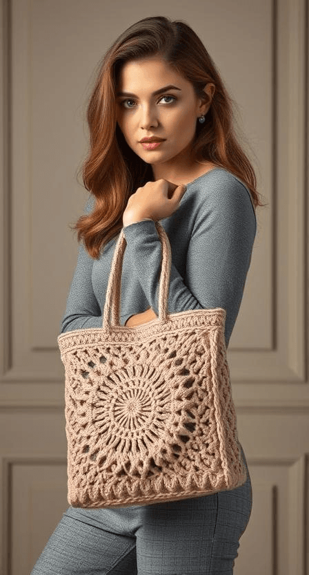 The image depicts a woman holding a large, beige crocheted tote bag. She has long brown hair and is dressed in a gray long-sleeve shirt and matching pants. The woman's right hand is raised to her chest, with her elbow bent at a 90-degree angle. The tote bag features a circular pattern on its front and is made of thick, beige yarn. The background consists of a beige wall with raised panels.