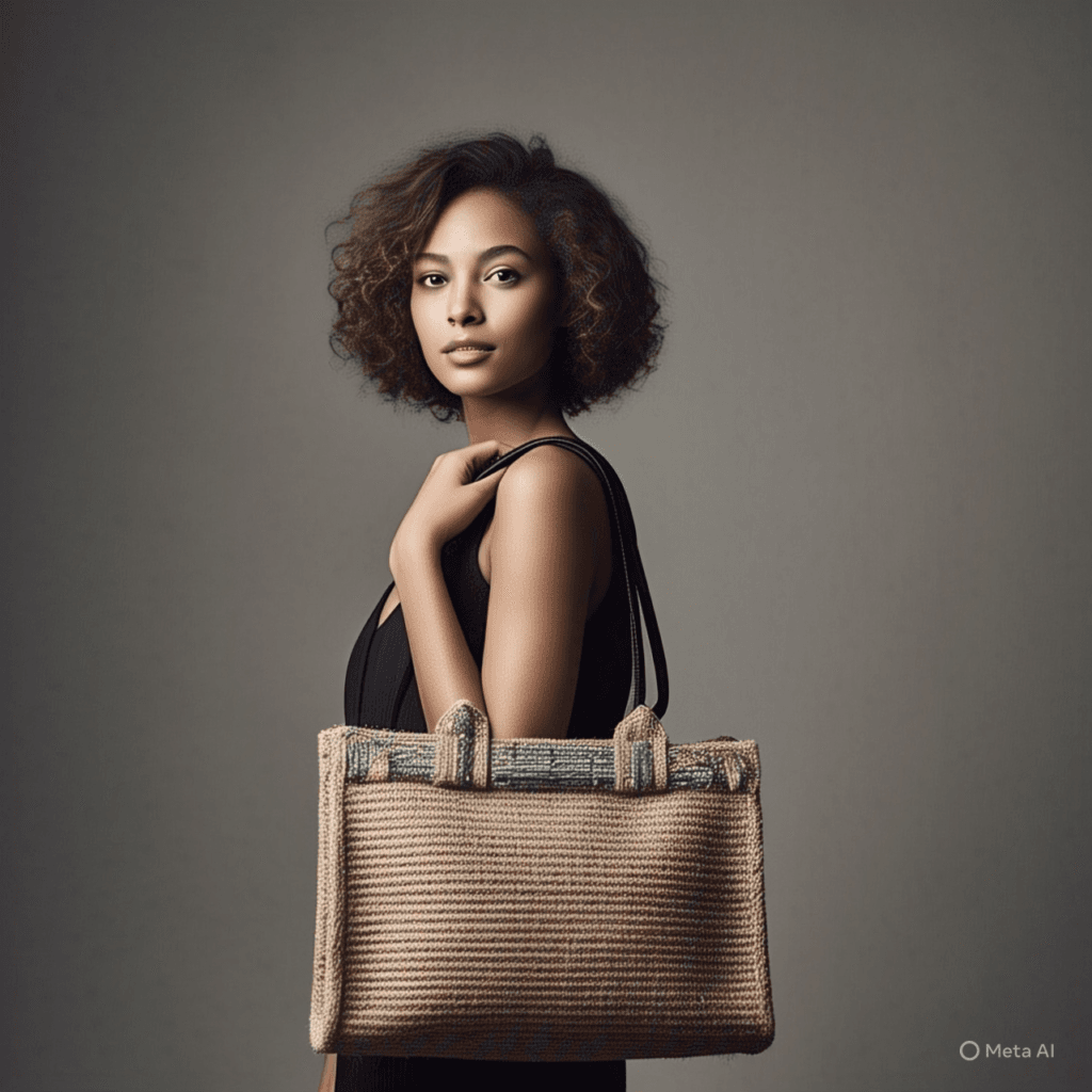 A woman with short, curly brown hair and dark skin stands against a gray background, wearing a black sleeveless top. She holds a large tan woven tote bag with green accents over her shoulder, looking directly at the camera with a neutral expression.