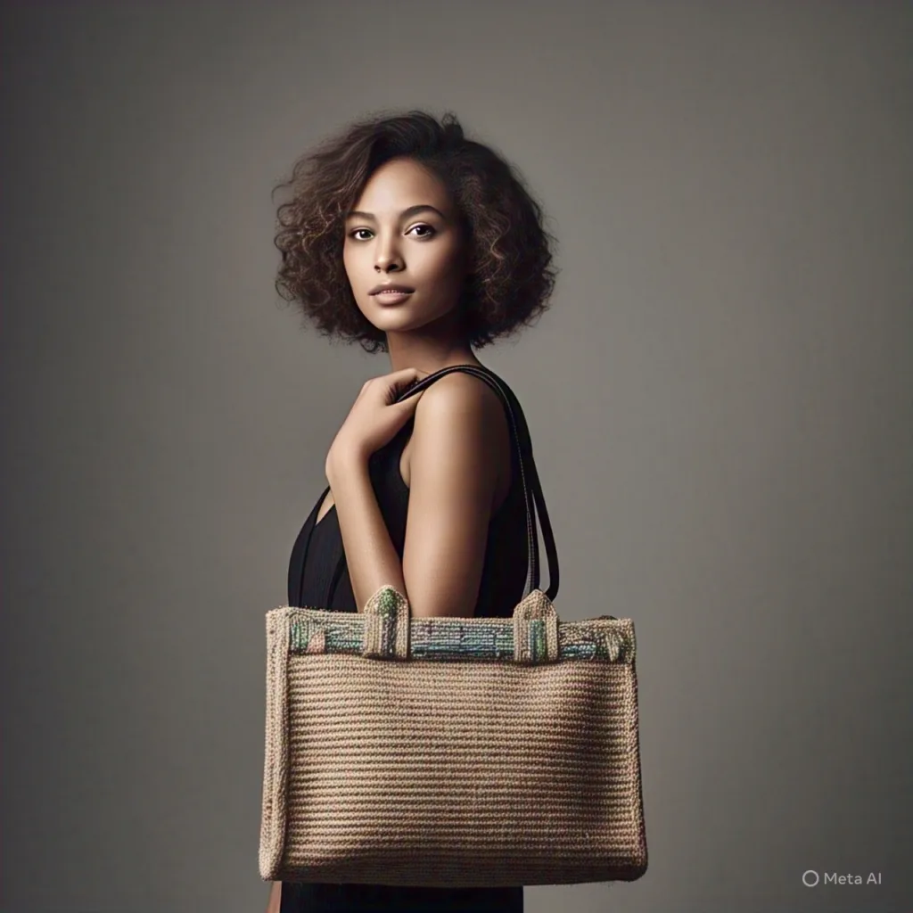 A woman with short, curly brown hair and dark skin stands against a gray background, wearing a black sleeveless top. She holds a large tan woven tote bag with green accents over her shoulder, looking directly at the camera with a neutral expression.