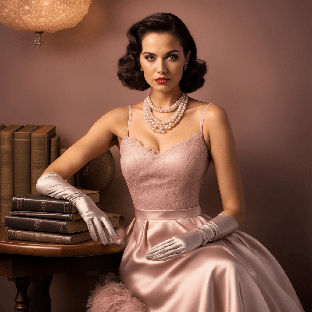 Old money fashion style: woman in pink satin dress with pearl necklace and gloves, exuding elegance and refinement