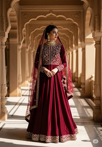 Elegant woman in a maroon and gold embroidered gown with a dupatta, standing in an arched hallway.