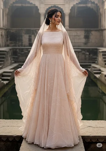 Woman in a flowing light pink or peach modest gown with a veil, standing by ancient steps and water.